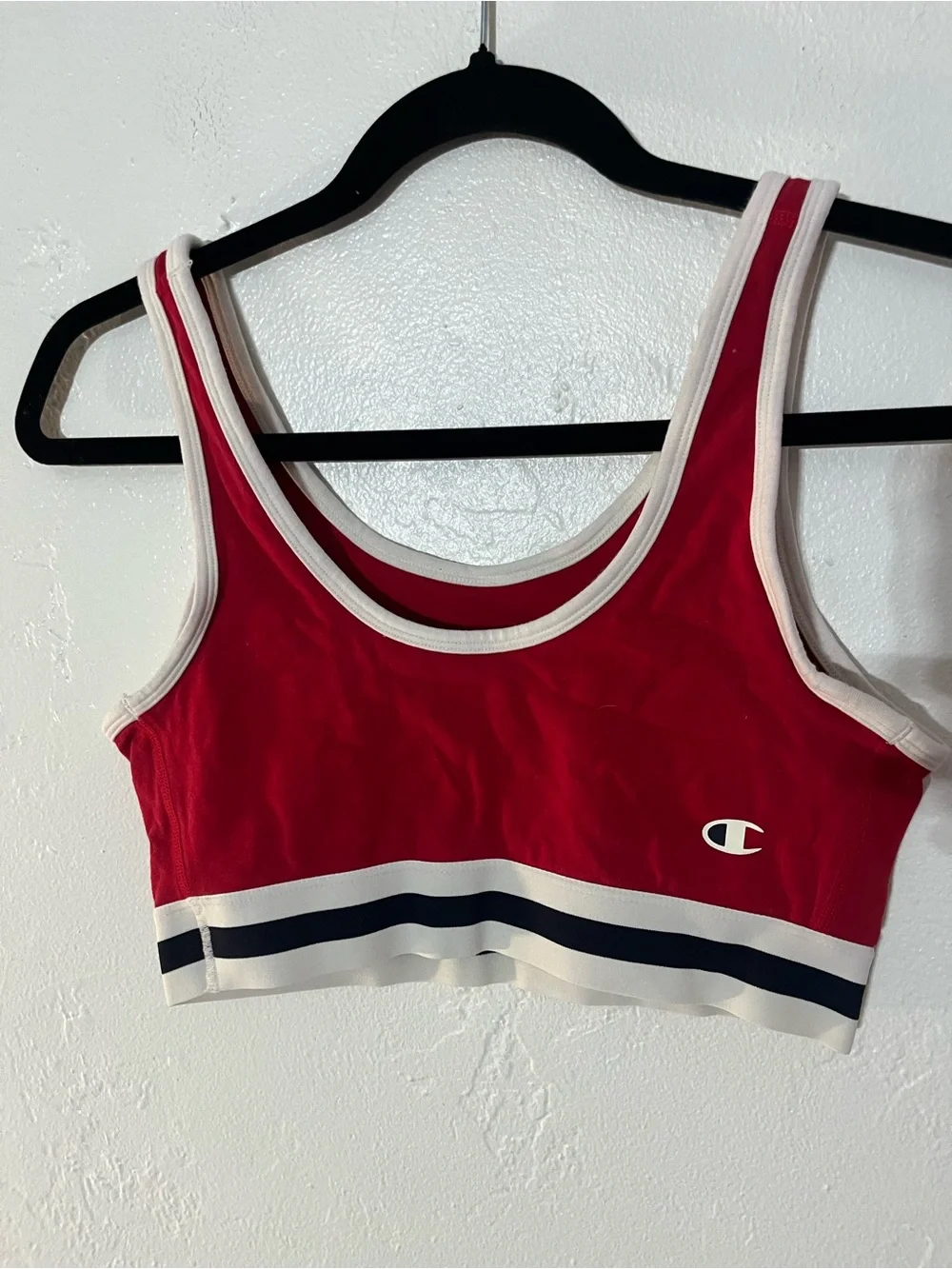 Champion Red Logo Crop Sports Bra Bralette Contrast Trim Bold Scoop Neck